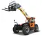Front angled view of an orange and yellow JLG telehandler with extended boom, forklift attachment and enclosed cabin.