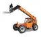 Side view of orange SkyTrak telehandler with extended boom, forklift attachment and enclosed cabin.