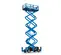 Side view of an extended blue Genie scissor lift with guardrails.