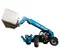 Side view of a blue Genie telehandler with extended boom and a forklift attachment lifting pallets with an operator in cabin.
