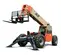 Front view of an orange and yellow JLG telehandler with extended boom, stabilizers, forklift attachment and enclosed cabin.