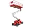 Side view of a partially extended red and silver scissor lift with safety rails.