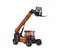Front angled view of an orange telehandler with extended boom, forklift attachment and enclosed cabin.