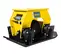 Yellow and black Epiroc Vibratory Plate Compactor Attachment for Backhoe