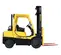 A yellow Hyster 50 Fortis forklift with black accents, red forks, and a propane tank on the back, shown in a side profile view on a white background.