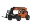 An orange JLG SkyTrak telehandler with a black boom and black forks, viewed from a slightly elevated side angle on a white background.