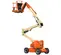 An orange and tan JLG 450AJ articulated boom lift with its arm extended upwards, featuring an orange work platform, viewed from the front-left on a white background.