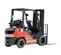 An orange and gray Toyota forklift with orange forks and a propane tank mounted on the rear, featuring "United Rentals" branding, displayed on a white background. The forklift is shown from the front-left side.