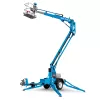 Front view of blue Genie boom lift with extended arm, stabilizers and silver basket.