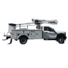 Side view of a white Versalift bucket truck featuring a United Rentals Logo with a mounted aerial lift, extendable boom and basket.