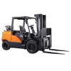 Side view of an orange and black Doosan warehouse forklift with an open cabin and extended forks.
