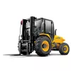 Front angled view of yellow JCB rough terrain forklift with black forks, black tires and an enclosed cabin.