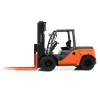 Side view of an orange and black warehouse forklift with an open cabin and extended orange forks.