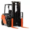 Front angled view of an orange and black warehouse forklift with extended forks and an open cabin. 