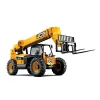 Front angled view of yellow JCB telehandler with extended boom, forklift attachment and enclosed cabin.