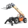 Front view of an orange and yellow JLG telehandler with extended boom, stabilizers, forklift attachment and enclosed cabin.