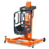 Front angled view of retracted orange and black vertical mast lift with black control panel and safety guard.
