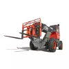 Front view of an orange and gray telehandler with retracted boom, a fork attachment and an enclosed cab