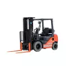 Front angled view of an orange and black Toyota warehouse forklift with a black mast, orange forks and an open cabin.