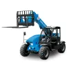 Front angled view of a blue Genie telehandler with extended boom and black fork attachment with an open cabin.