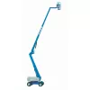 Wide side view of a  fully extended blue boom lift with basket.