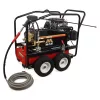 Black and red Mi-T-M 5,000 psi pressure washer being used to wash a piece of heavy machinery
