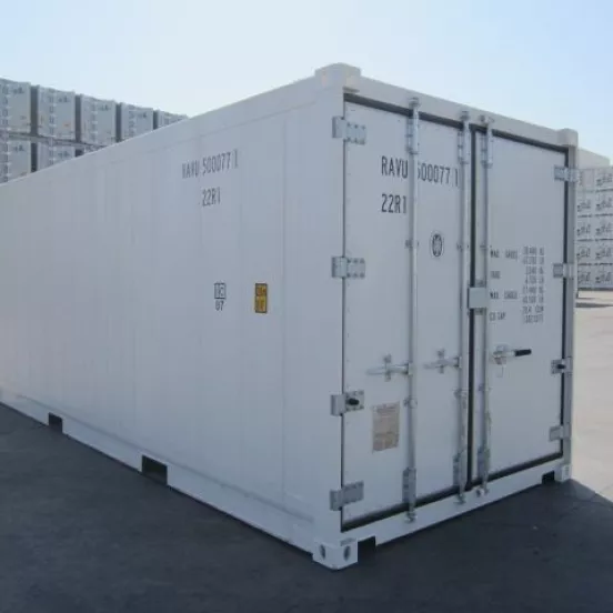 Exterior cargo doors on a white refrigerated shipping container