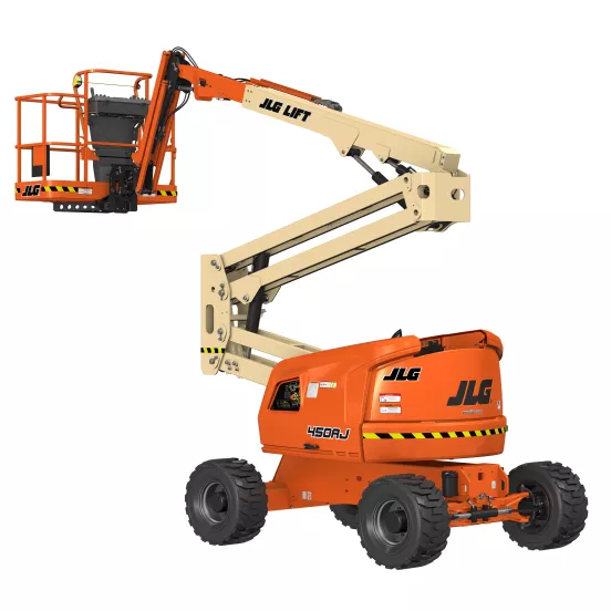 Side view of orange and beige JLG boom lift with extended boom and working platform.