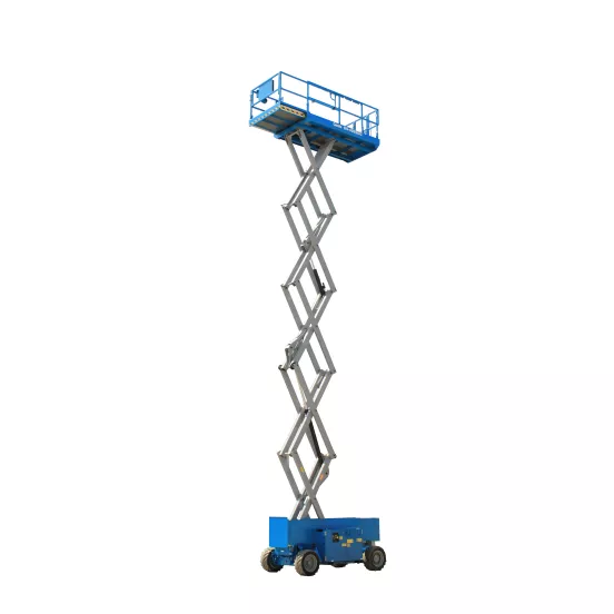 Front angled view of an extended blue Genie scissor lift with guardrails.