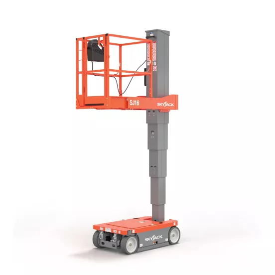 Front angled view of an orange Skyjack electric scissor lift with guardrails in an extended position.