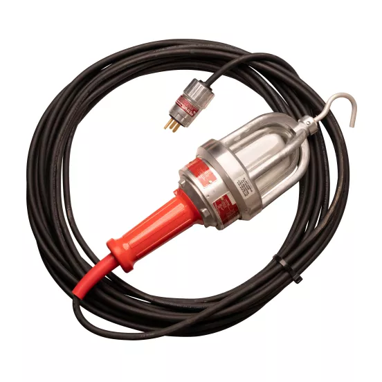 Red and silver Worksite Drop Light, 110V, Explosion Proof, Electric Powered