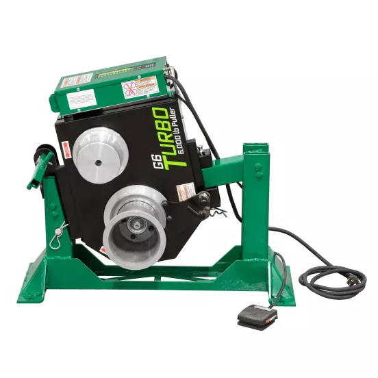Green and black and silver GREENLINE Cable Puller, 6,500 lbs., Electric Powered