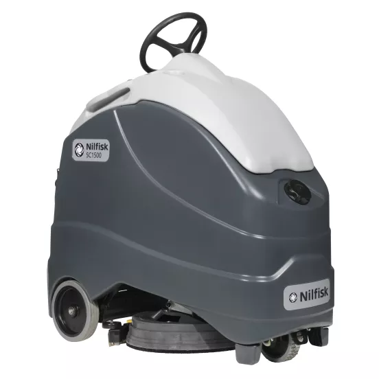 Gray Nilfisk walk-behind scrubber