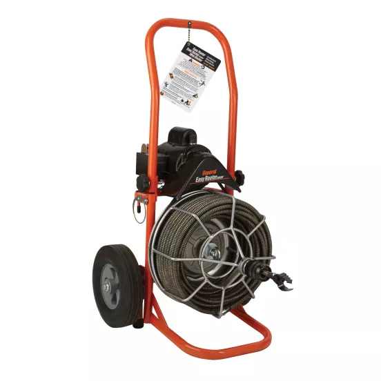 Orange and black GENERALPIPE Mini-rooter Plumbing Snake, Electric-powered, 1/2 in. X 50 ft.