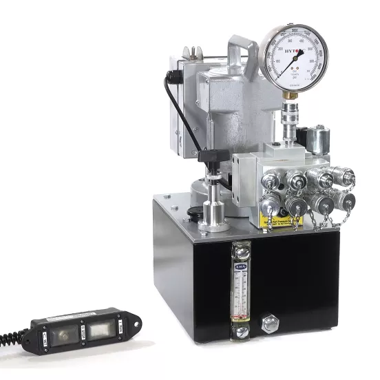 Silver and black Hytorc electric hydraulic pump for torque wrench
