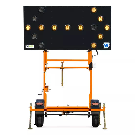 Orange and black Wanco solar powered arrow board