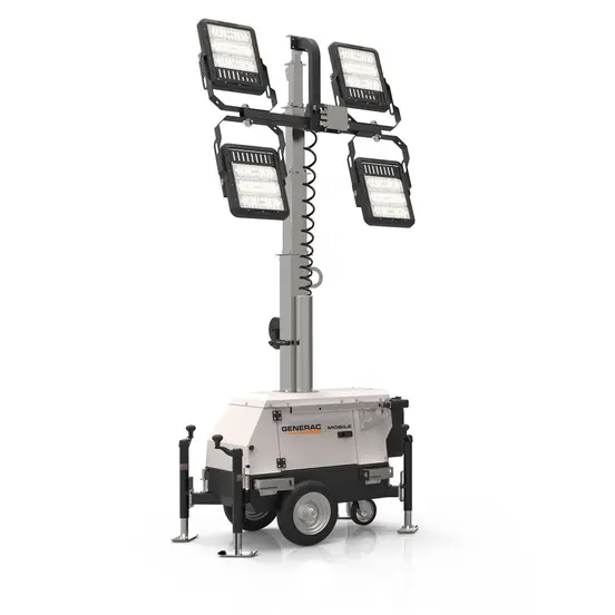 White and silver and black GENERAC Portable LED Light Tower, Electric Powered
