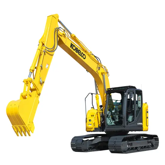 Yellow and gray KOBELCO 30,000-35,000 lb. Excavator, Zero Tail Swing