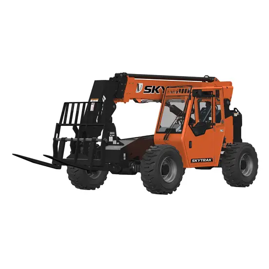 An orange JLG SkyTrak telehandler with a black boom and black forks, viewed from a slightly elevated side angle on a white background.