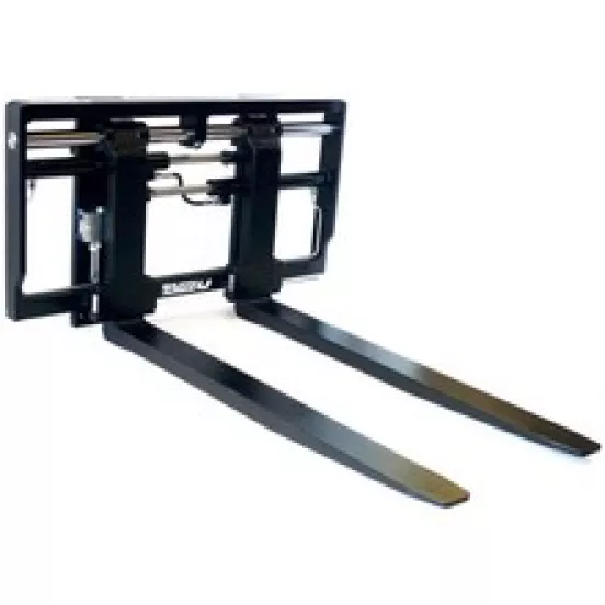 Front view of a black forklift fork attachment with two metal forks extended and a mounting frame.