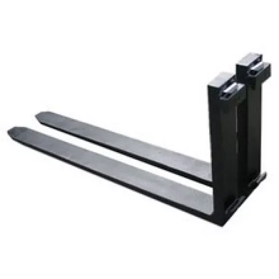 Rear view of a black forklift fork attachment with two metal forks extended.